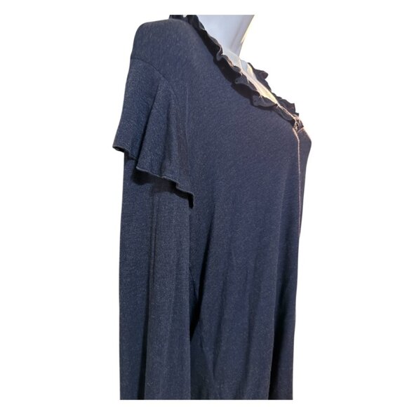 Pleione Ruffled V Neck Bell Sleeve Tie Back Top Womens Large Navy Blue - Picture 4 of 8